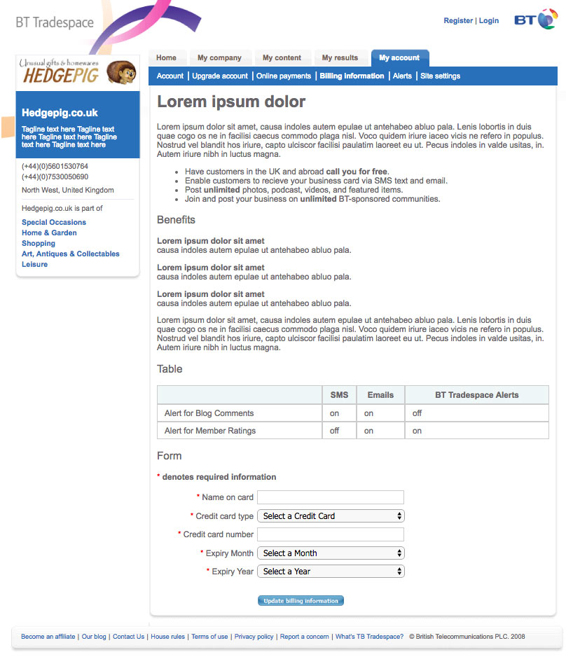 British Telecom - BT Tradespace UI design screenshot