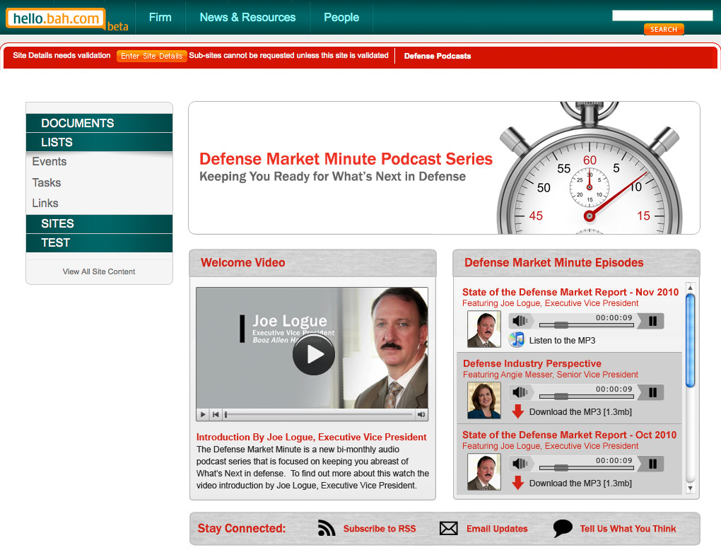 Booz Allen Hamilton - The Defese Market Minute Podcast UI design screenshot