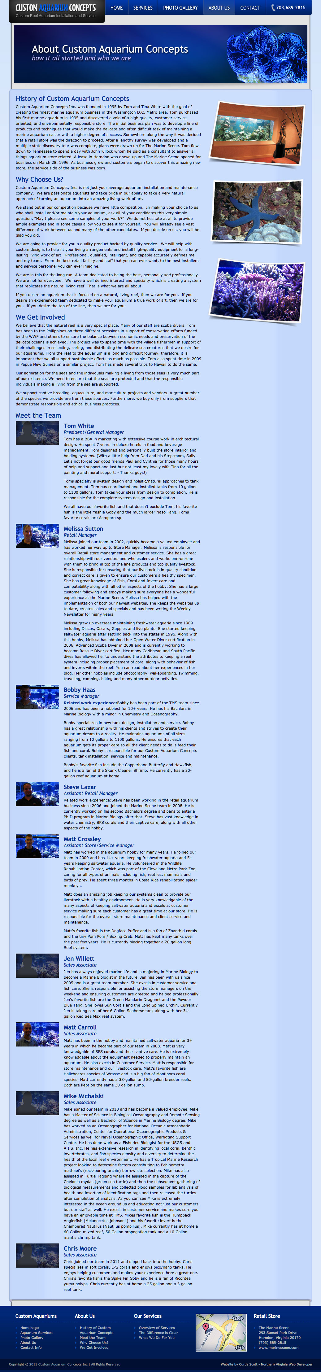 Custom Aquarium Concepts UI design screenshot of the about us page