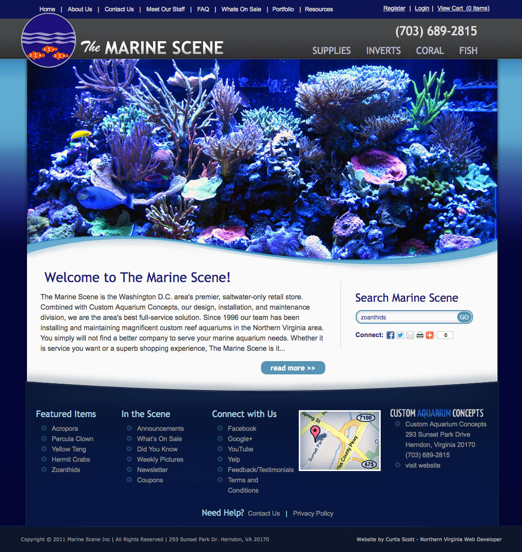 The Marine Scene UI design screenshot of the home page