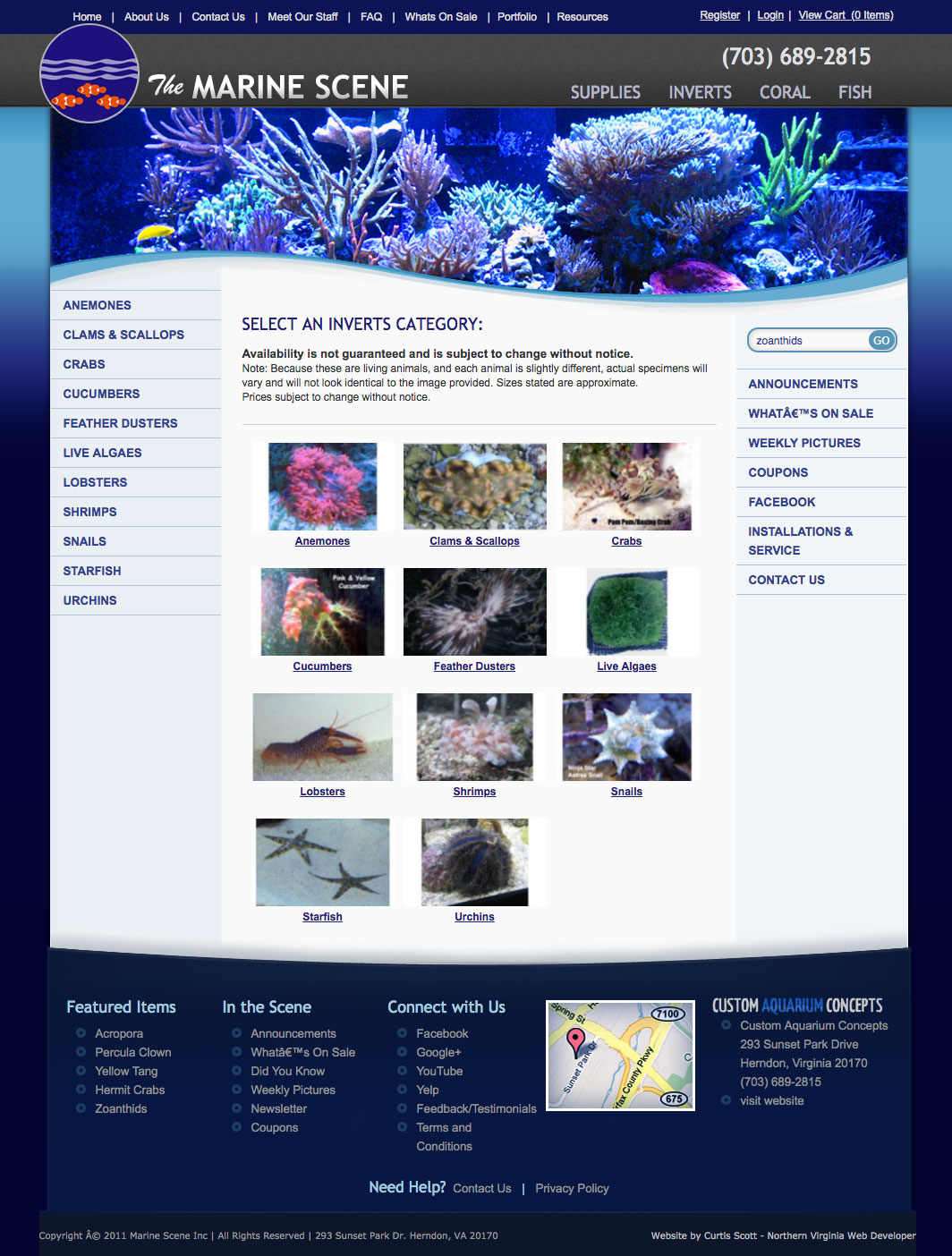 The Marine Scene UI design screenshot of the inverts category page