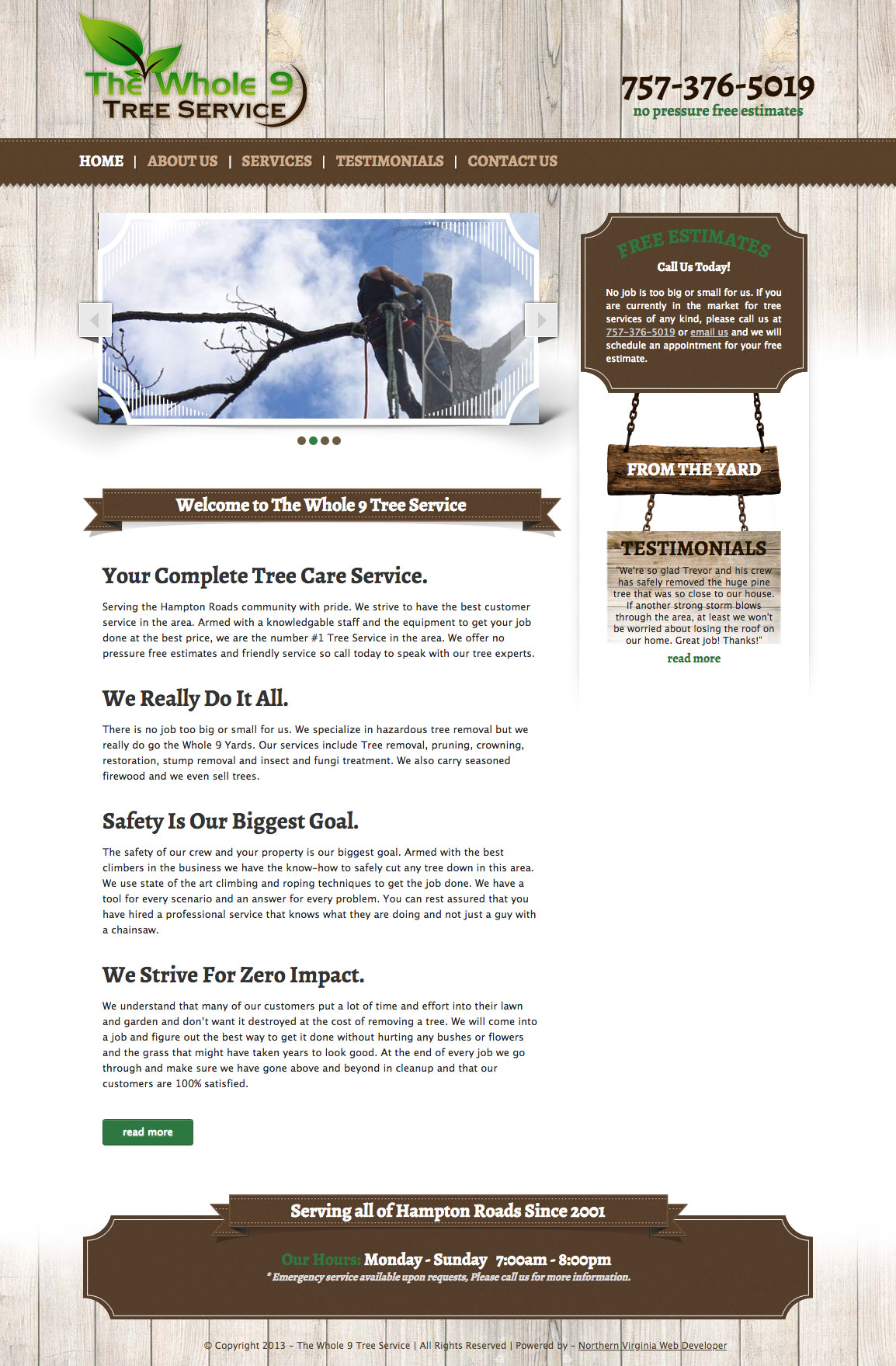 Whole 9 Tree Services UI design screenshot of the home page
