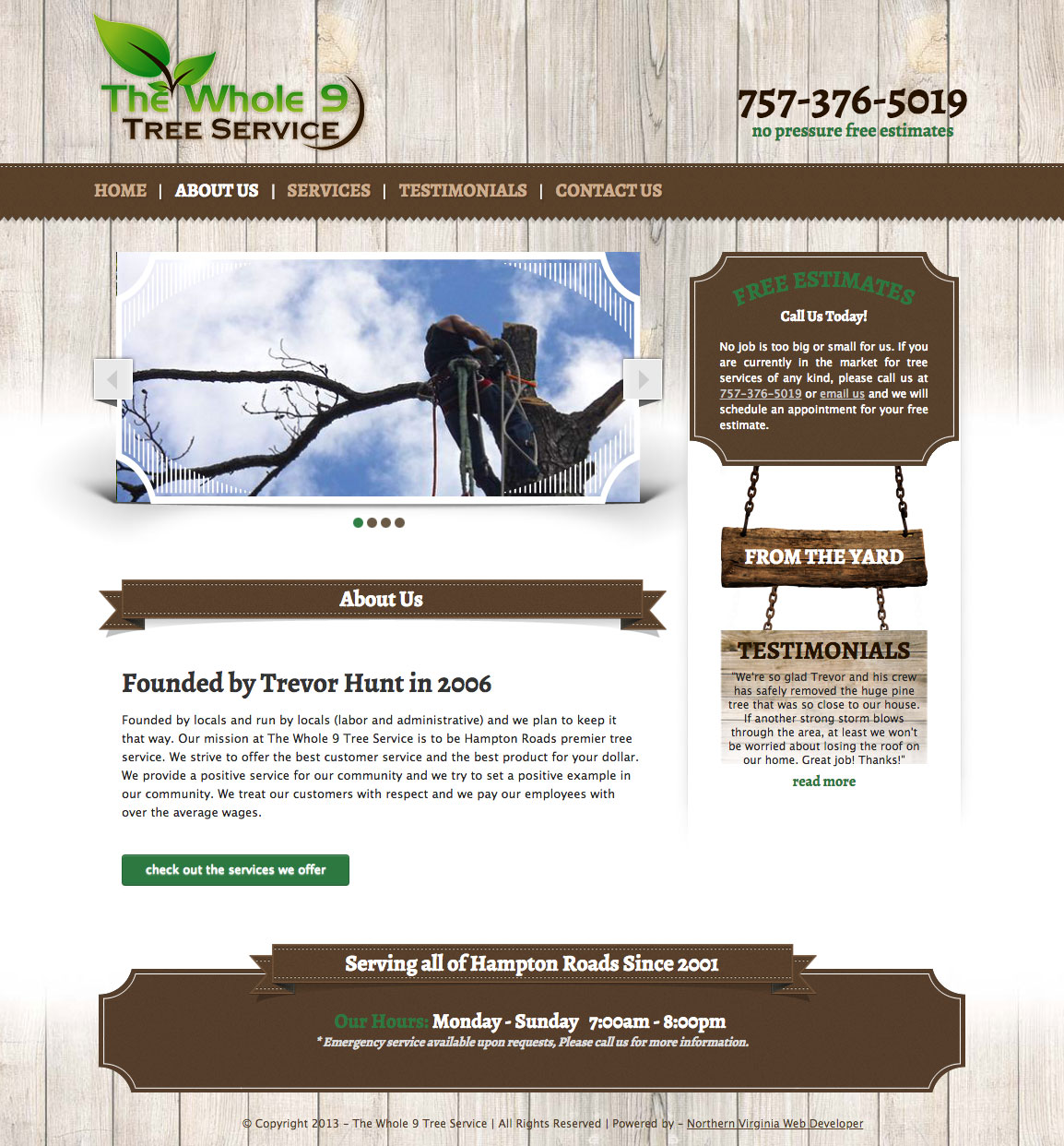 Whole 9 Tree Services UI design screenshot of the about us page