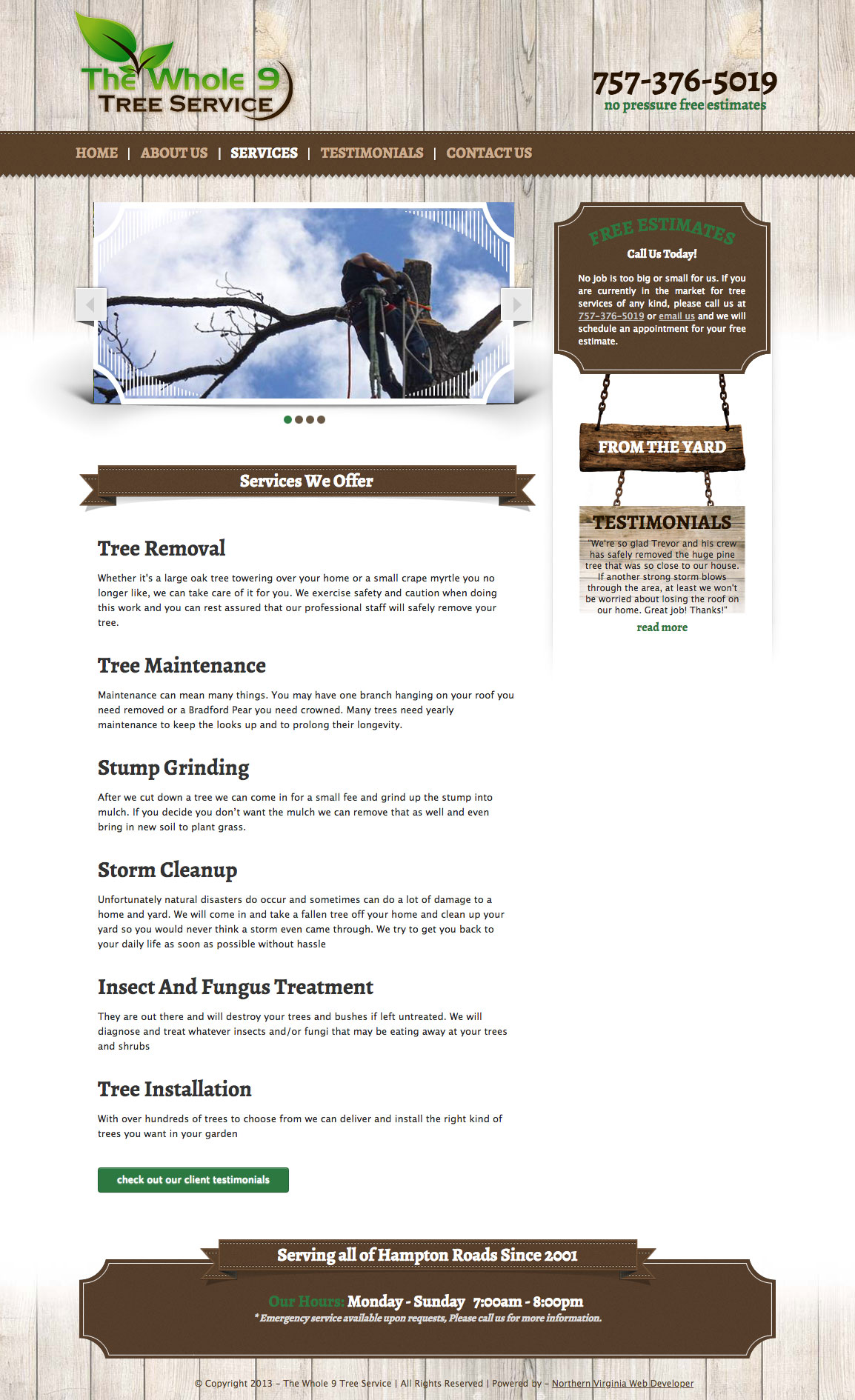 Whole 9 Tree Services UI design screenshot of the services page