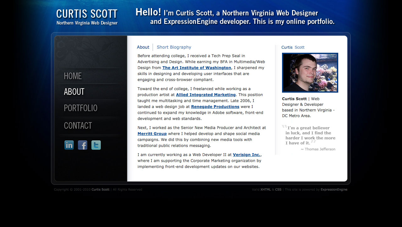 Curtis Scott UI design screenshot of the about page