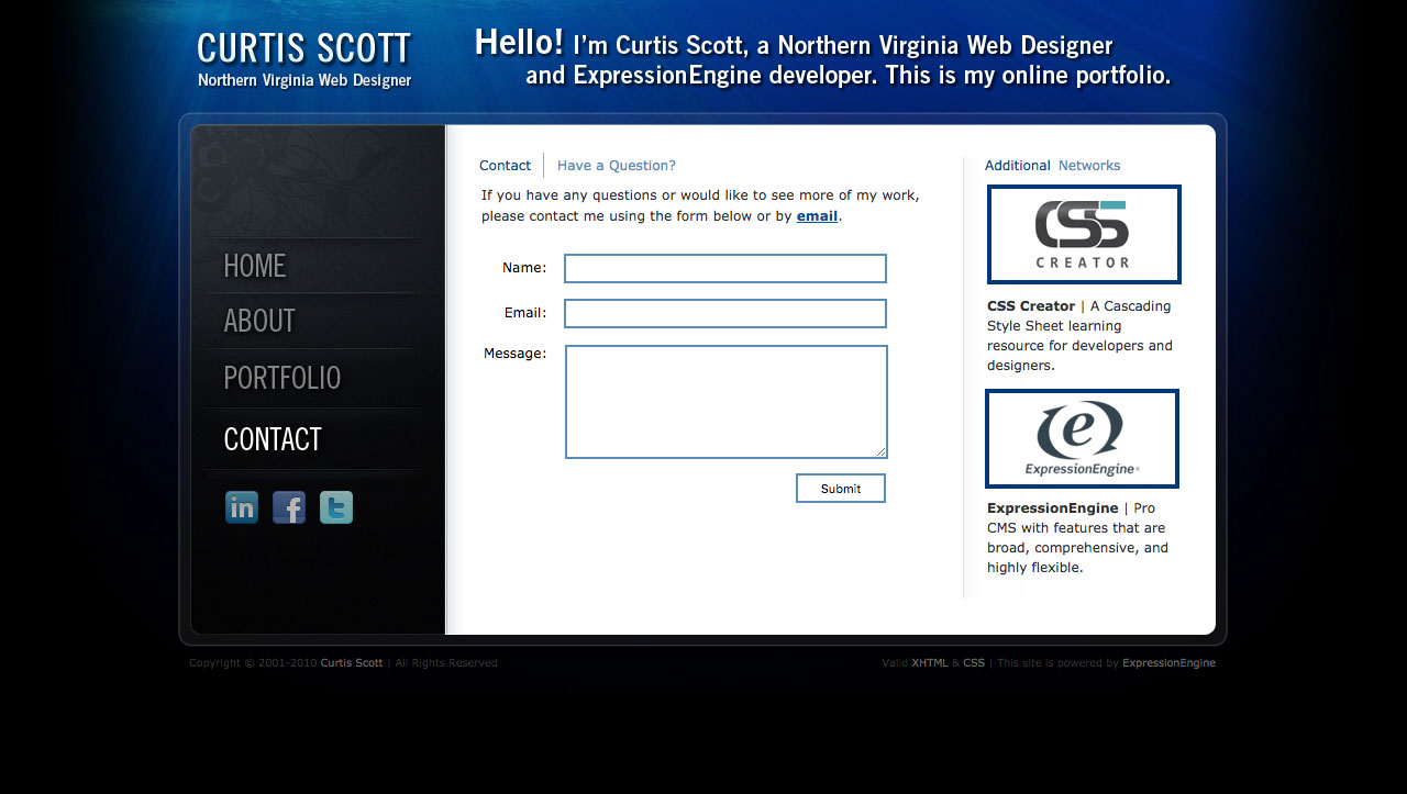Curtis Scott UI design screenshot of the contact page