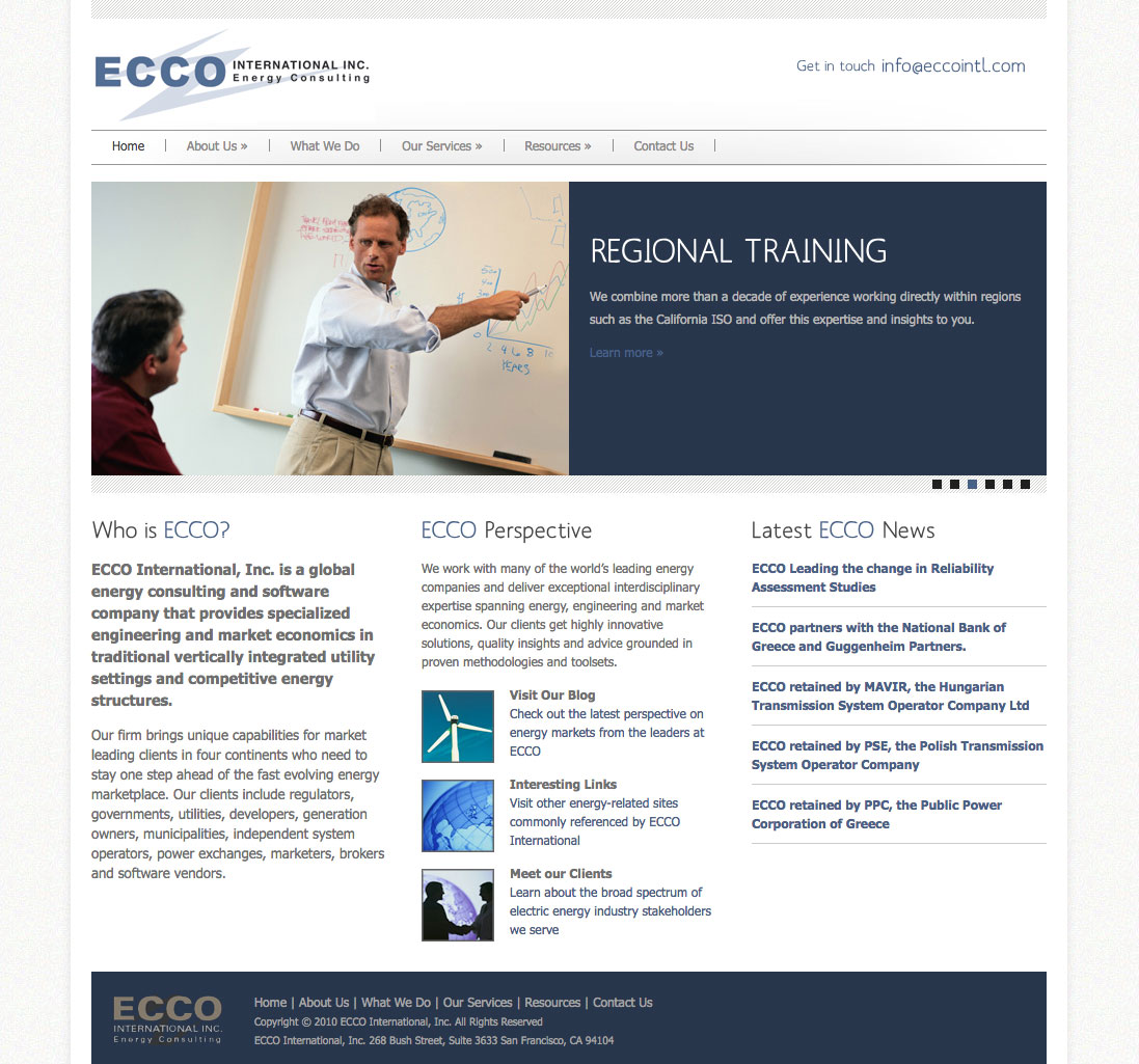 Ecco International UI design screenshot of the home page