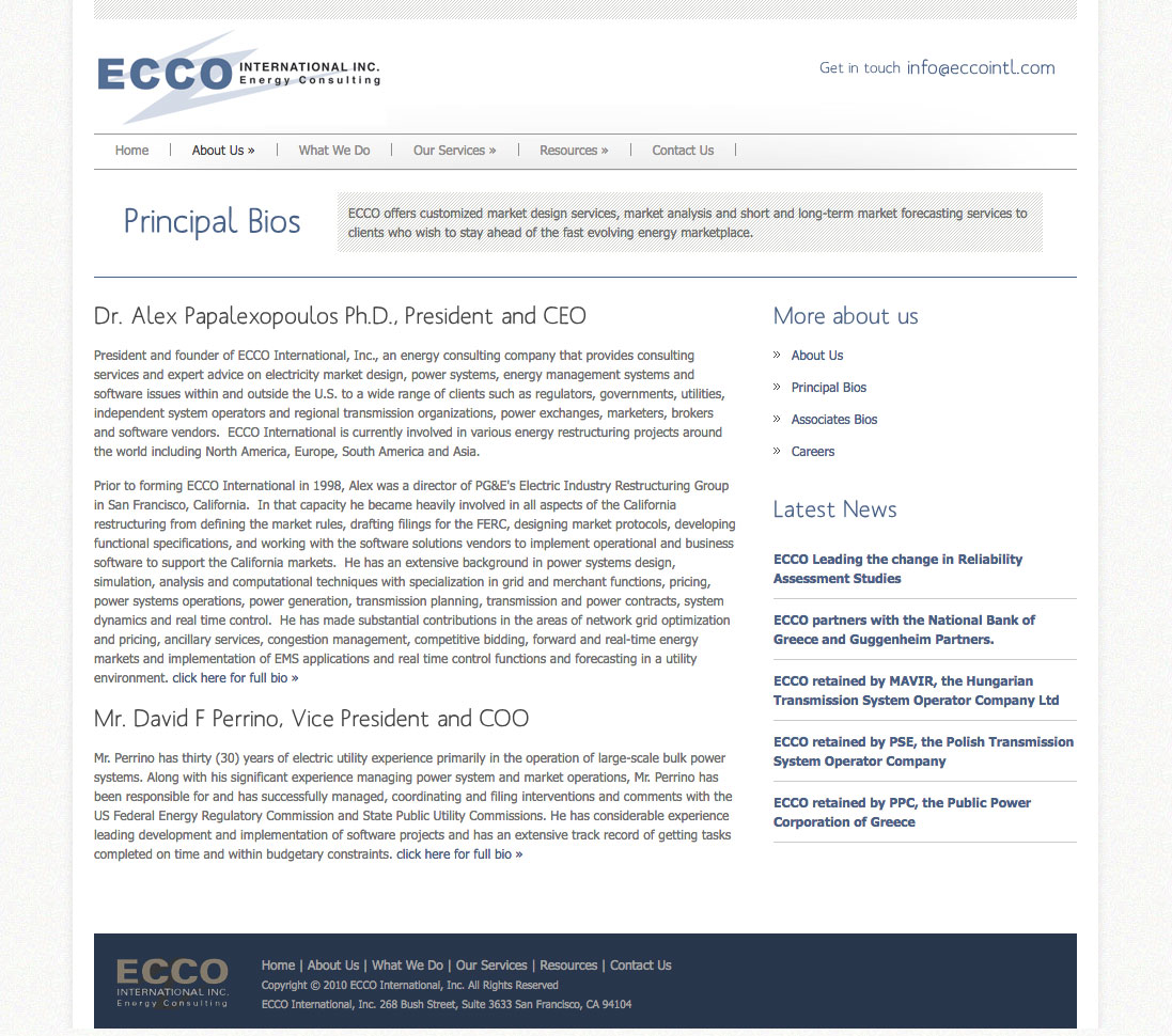 Ecco International UI design screenshot of the Priciple Bios