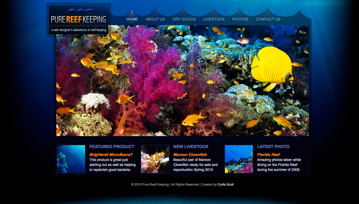 Pure Reef Keeping UI design screenshot of the home page