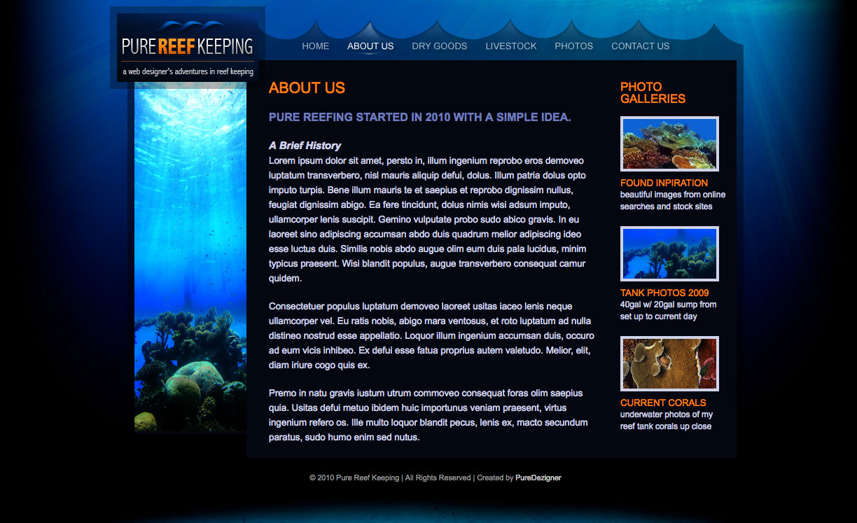 Pure Reef Keeping UI design screenshot of the about us page