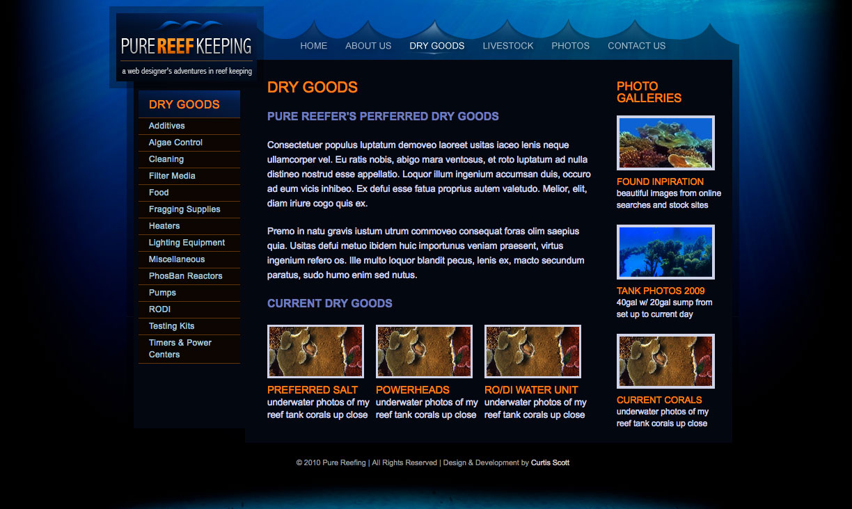 Pure Reef Keeping UI design screenshot of the dry goods page