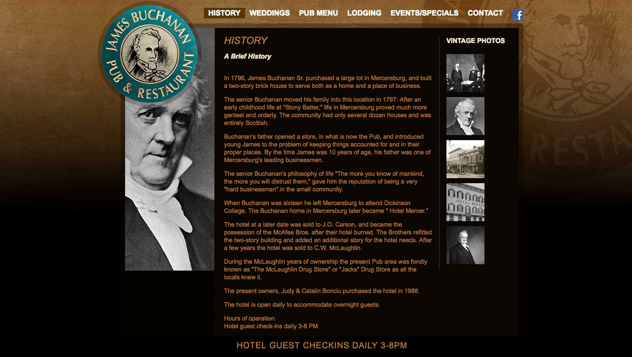 James Buchanan Hotel UI design screenshot of the history page