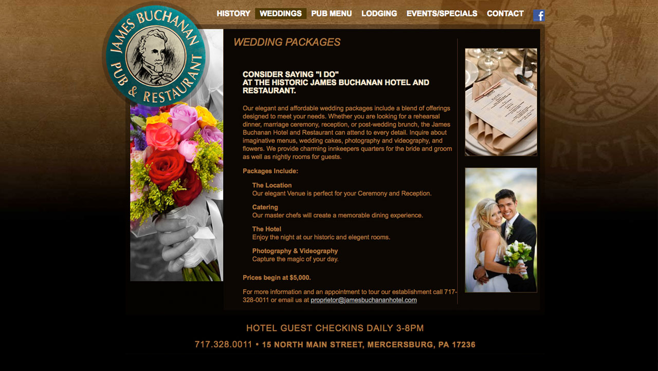 James Buchanan Hotel UI design screenshot of the weddings page