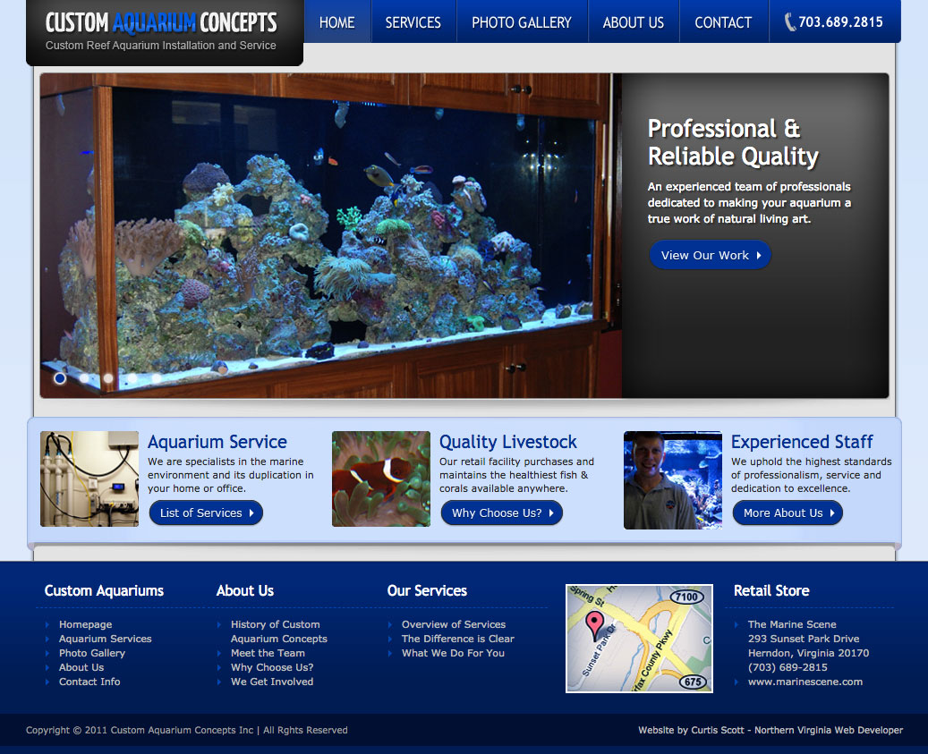 Custom Aquarium Concepts UI design screenshot of the home page