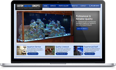 Custom Aquarium Concepts UI design screenshot inside of a laptop