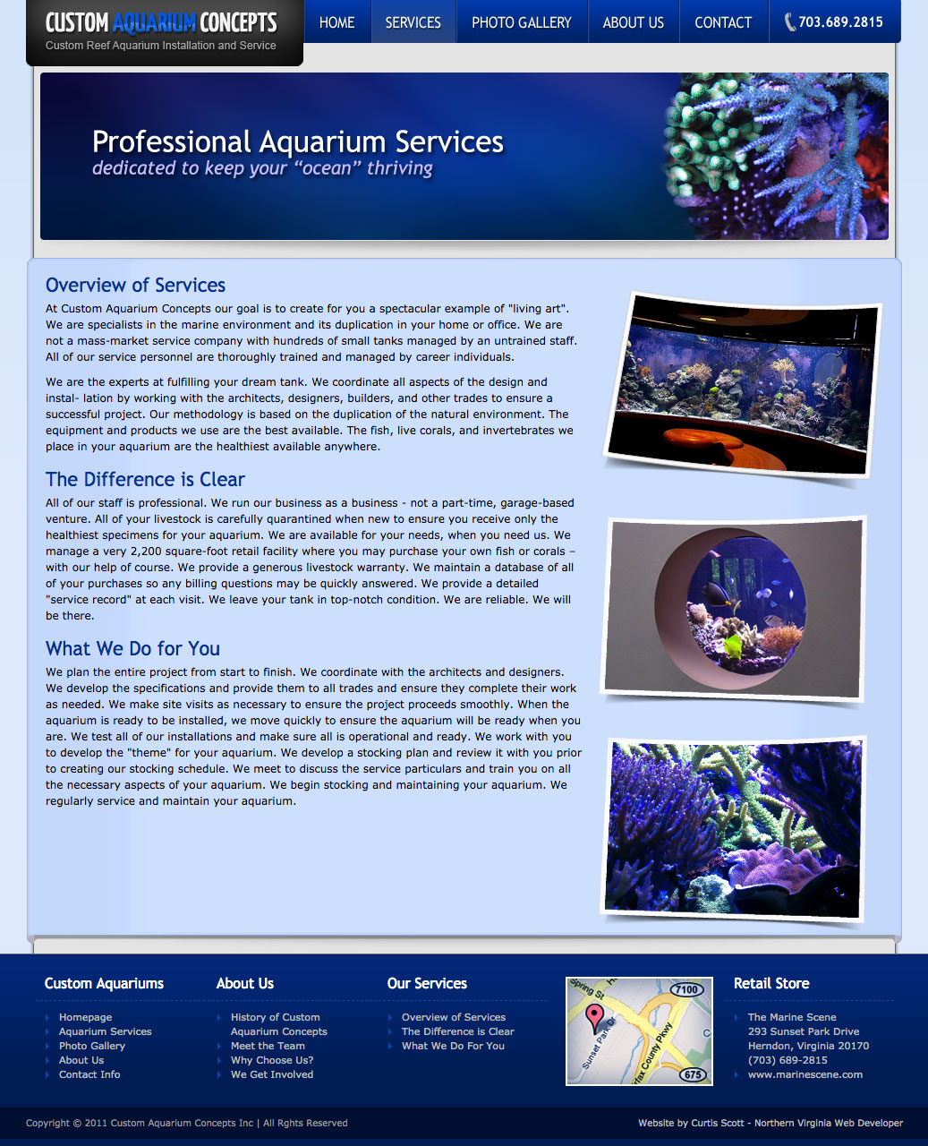 Custom Aquarium Concepts UI design screenshot of the services page