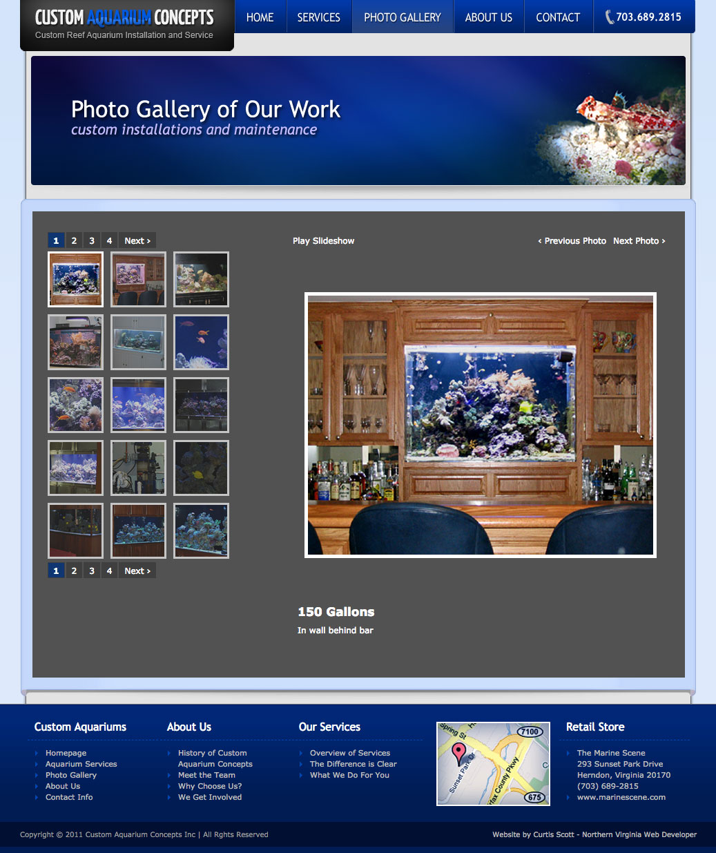 Custom Aquarium Concepts UI design screenshot of the photo gallery page
