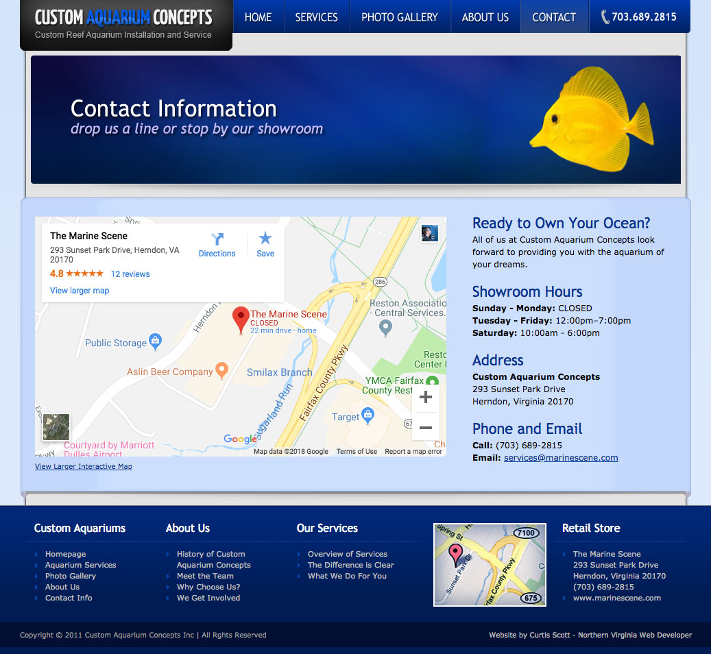 Custom Aquarium Concepts UI design screenshot of the contact page