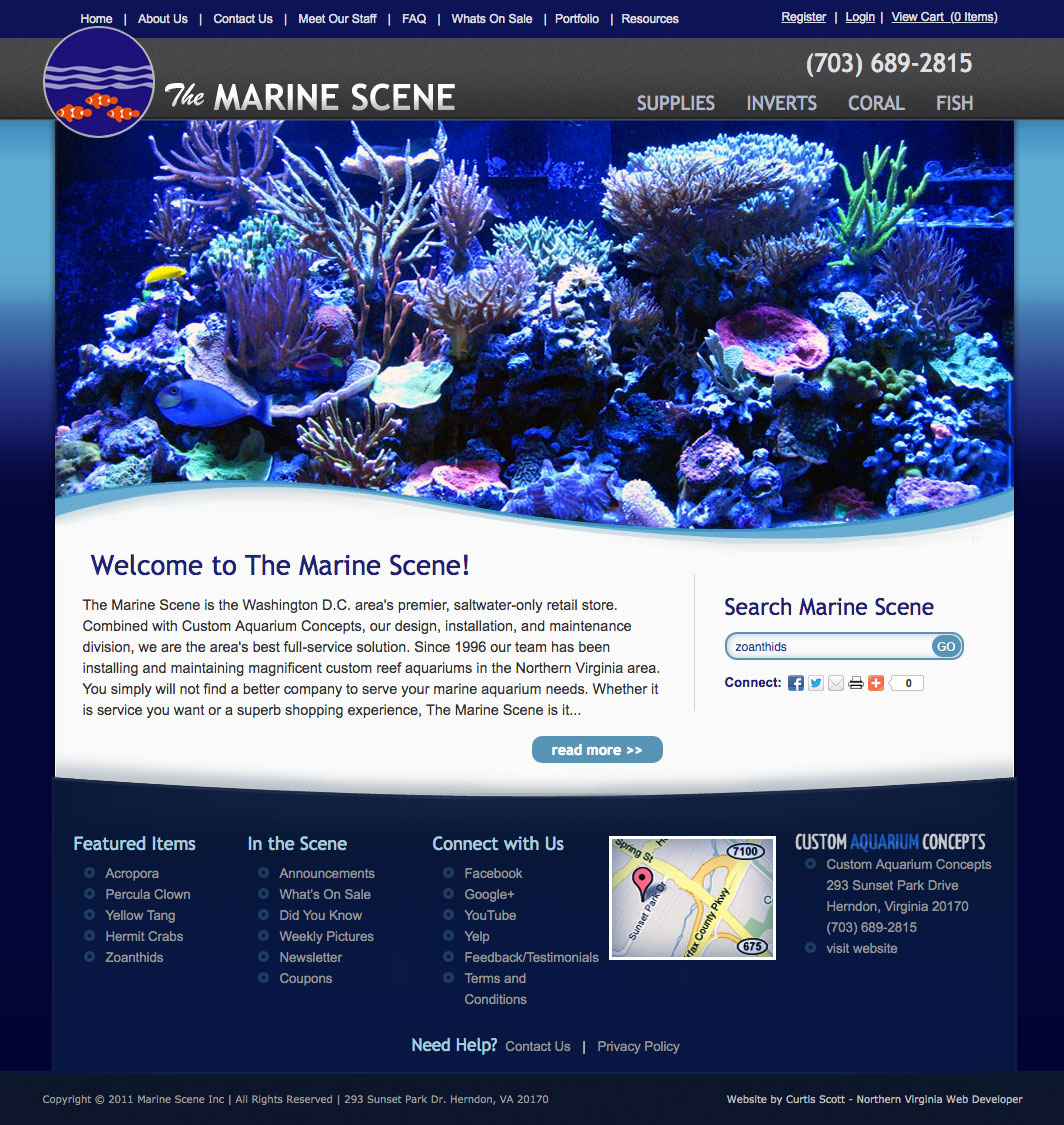 The Marine Scene UI design screenshot of the home page