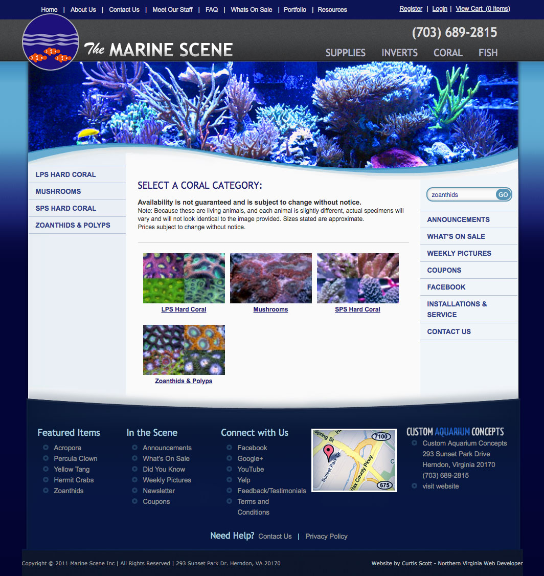 The Marine Scene UI design screenshot of the coral category page