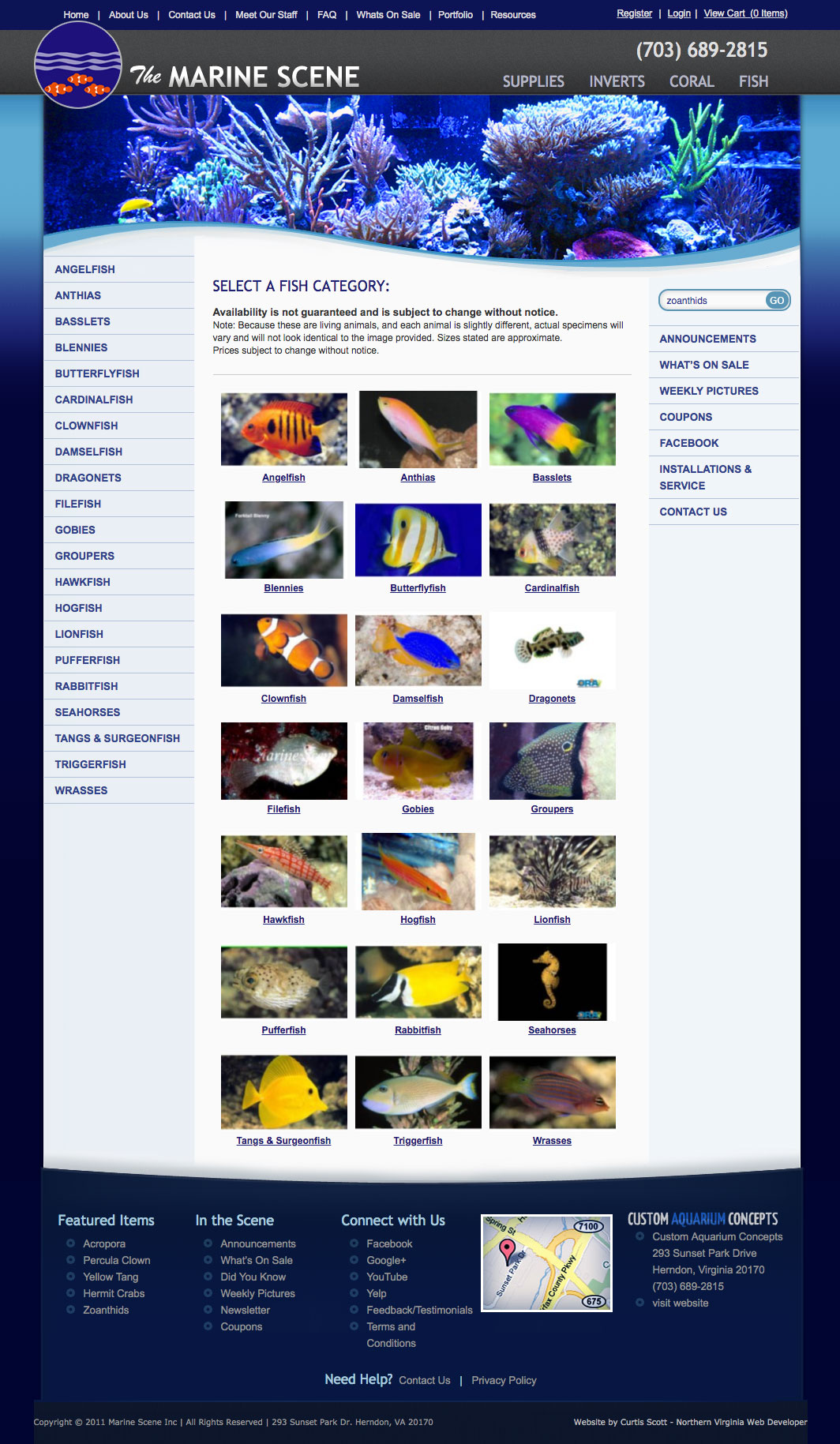 The Marine Scene UI design screenshot of the fish category page