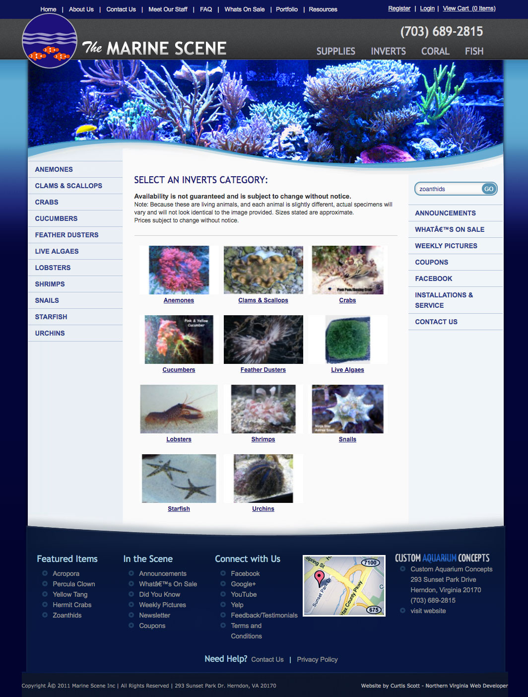 The Marine Scene UI design screenshot of the inverts category page